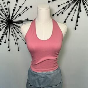 Pink ribbed halter top open back Y2K fitted tank soft girl